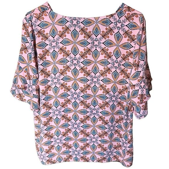 Loft size Medium Top short ruffle sleeve Blouse Pink floral casual career - Picture 2 of 7